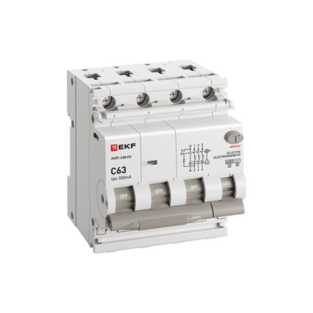 Автоматический выключатель дифференциального тока селективный АВДТ-63N (S) 3P+N 63А 300мА характеристика C тип AC электромеханический 6кА PROXIMA EKF