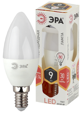 Лампа светодиодная Эра LED B35-9W-827-E14 (диод, свеча, 9Вт, тепл, E14)