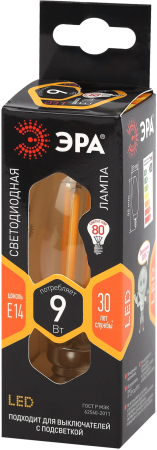 F-LED B35-9w-827-E14 ЭРА (филамент, свеча, 9Вт, тепл, E14) (10/100/3500)