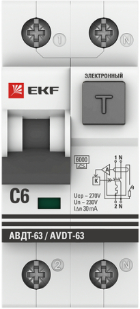 Дифференциальный автомат АВДТ-63 6А/30мА (характеристика С, электронный, тип А) 6кА EKF PROxima