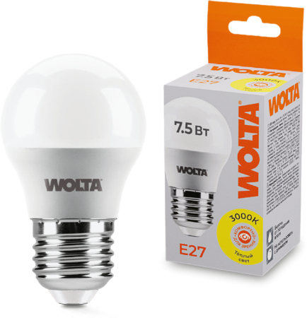 Лампа LED WOLTA G45 7.5Вт 625лм Е27 3000К   1/50