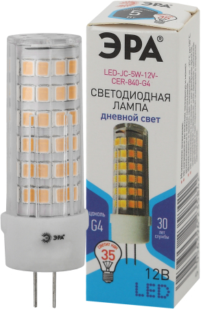 Лампочка светодиодная ЭРА STD LED JC-5W-12V-CER-827-G4 G4 5Вт керамика капсула теплый белый свет
