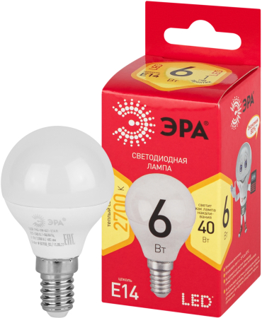 Лампочка светодиодная ЭРА RED LINE LED P45-6W-827-E14 R Е14 / E14 6 Вт теплый белый свет