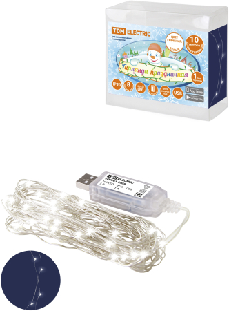 Гирлянда светодиодная "Роса 100-Д" 10 м, 100LED, белый, ПДУ, USB, IP20, TDM