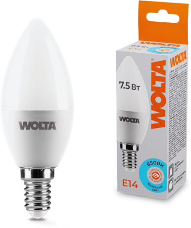 Лампа LED WOLTA C37 7.5Вт 625лм Е14 6500К   1/50