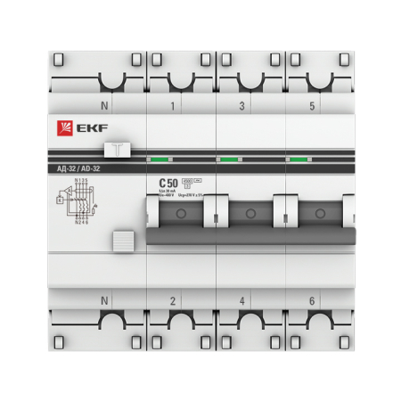 Дифференциальный автомат АД-32 3P+N 50А/30мА (хар. C, AC, электронный, защита 270В) 4,5кА EKF PROxim