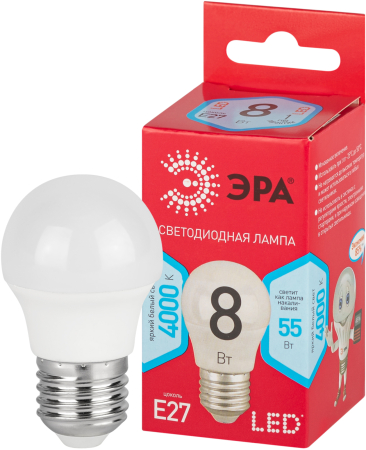 LED P45-8W-840-E27 R ЭРА (диод, шар, 8Вт, нейтр, E27)