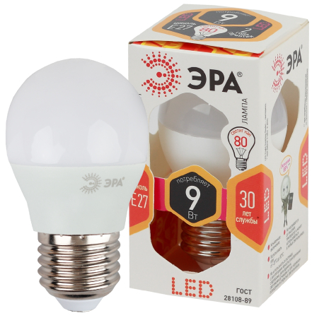 Лампа светодиодная Эра LED P45-9W-827-E27 (диод, шар, 9Вт, тепл, E27)