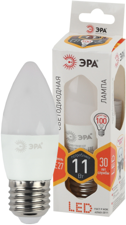 Лампа светодиодная Эра LED B35-11W-827-E27 (диод, свеча, 11Вт, тепл, E27)