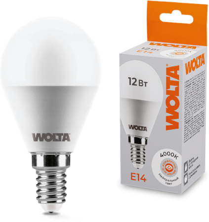 Светодиодная лампа WOLTA 25S45GL12E14 "Шар" G45 12Вт 1050лм 4000К Е14 1/50