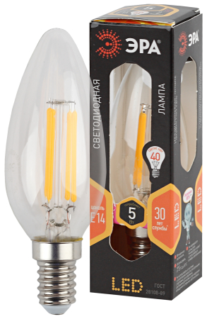 Лампа светодиодная Эра F-LED B35-5W-827-E14 (филамент, свеча, 5Вт, тепл, E14)