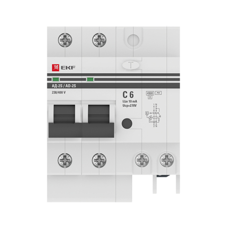 Дифференциальный автомат АД-2 6А/10мА (х-ка C, АС, электронный, защита 270В) 4,5кА EKF PROxima