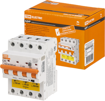 Диф.автомат АД4P 4Р С63 30-100-300мА 6кА тип АС TDM