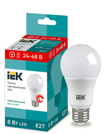 Лампа LED A60 шар 8Вт 24-48В 4000К E27 IEK