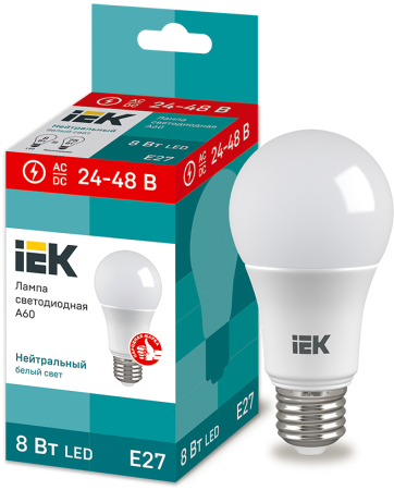 Лампа LED A60 шар 8Вт 24-48В 4000К E27 IEK