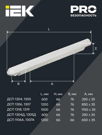 Светильник ДСП 1307 36Вт 6500К IP65 1200мм серый пластик IEK
