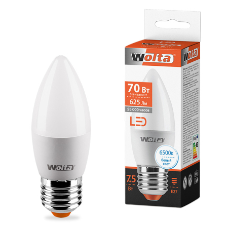 Лампа LED WOLTA C37 7.5Вт 625лм Е27 6500К   1/50