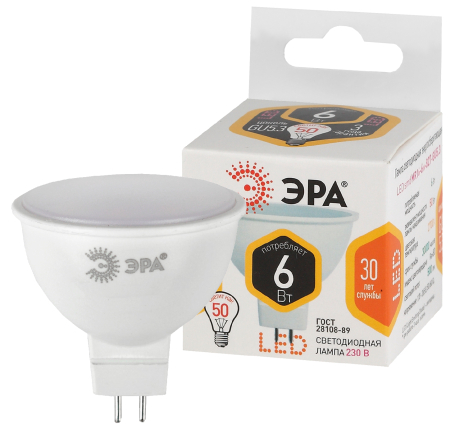 Лампа светодиодная Эра LED MR16-6W-827-GU5.3 (диод, софит, 6Вт, тепл, GU5.3)