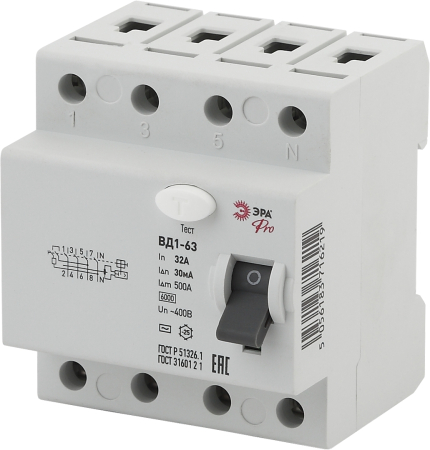 УЗО ВД1-63 Электромеханическое 3P+N 32А 30mA NO-902-40 ЭРА Pro