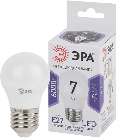 Лампа светодиодная Эра LED P45-7W-860-E27 (диод, шар, 7Вт, хол, E27)