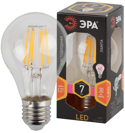 Лампы СВЕТОДИОДНЫЕ F-LED F-LED A60-7W-827-E27  ЭРА (филамент, груша, 7Вт, тепл, Е27)