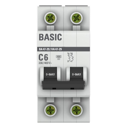 Автоматический выключатель 2P  6А (C) 4,5кА ВА 47-29 EKF Basic