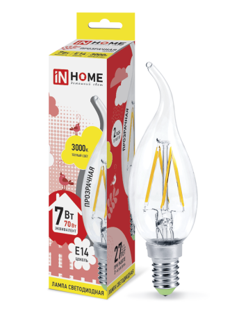 Лампа светодиодная LED-СВЕЧА НА ВЕТРУ-deco 7Вт 230В Е14 3000К 630Лм прозрачная IN HOME