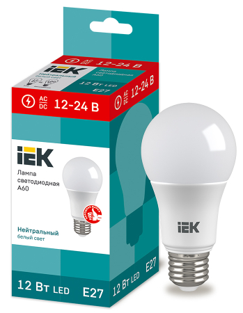 Лампа LED A60 шар 12Вт 12-24В 4000К E27 IEK