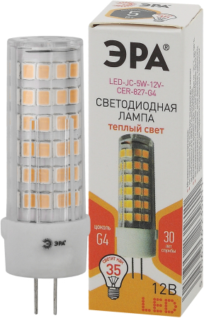 Лампочка светодиодная ЭРА STD LED JC-5W-12V-CER-827-G4 G4 5Вт керамика капсула теплый белый свет