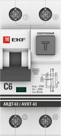 Дифференциальный автомат АВДТ-63 6А/30мА (характеристика С, электронный, тип А) 6кА EKF PROxima