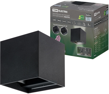 Светильник настенный LED, Кватро, 2х3 Вт, 4000 К, Н100 мм, алюм./черн., вверх/вниз, IP65, TDM
