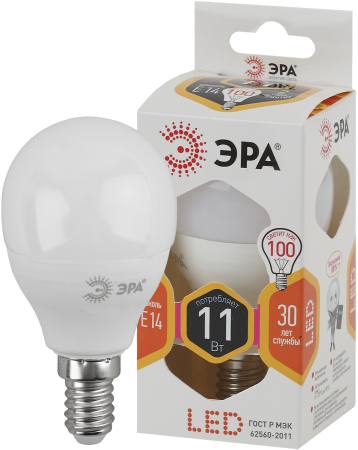 Лампа светодиодная Эра LED P45-11W-827-E14 (диод, шар, 11Вт, тепл, E14)