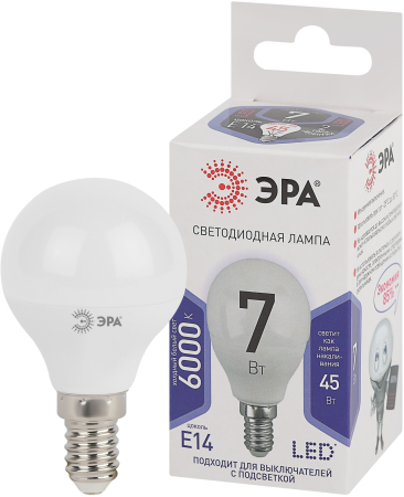 Лампа светодиодная Эра LED P45-7W-860-E14 (диод, шар, 7Вт, хол, E14)