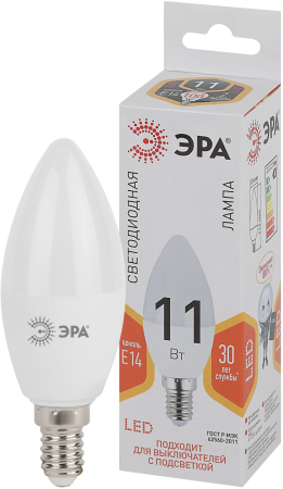Лампа светодиодная Эра LED B35-11W-827-E14 (диод, свеча, 11Вт, тепл, E14)