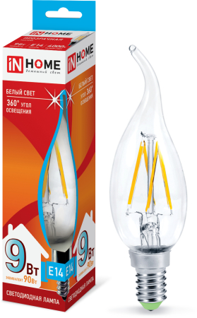 Лампа светодиодная LED-СВЕЧА НА ВЕТРУ-deco 9Вт 230В Е14 4000К 810Лм прозрачная IN HOME