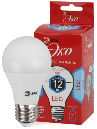 Лампы СВЕТОДИОДНЫЕ ЭКО ECO LED A60-12W-840-E27  ЭРА (диод, груша, 12Вт, нейтр, E27)