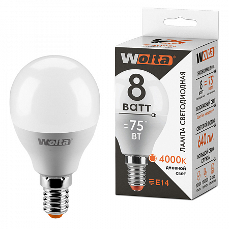 Лампа LED WOLTA G45 8Вт 640лм Е14 4000К    1/50