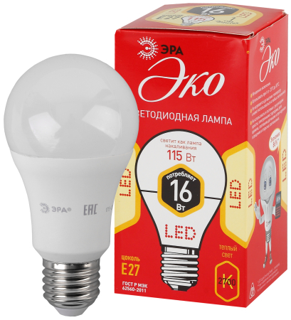 Лампы СВЕТОДИОДНЫЕ ЭКО ECO LED A60-16W-827-E27  ЭРА (диод, груша, 16Вт, тепл, E27)