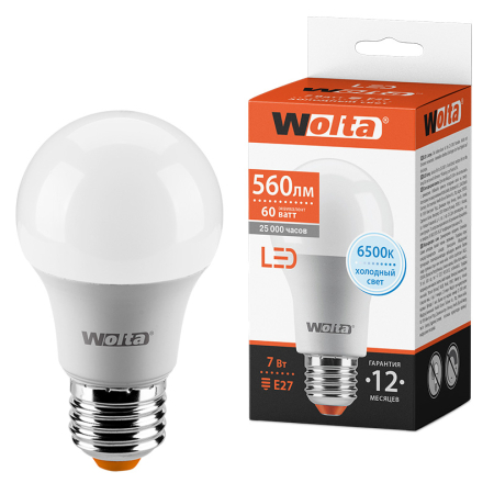 Лампа LED WOLTA  A55 7Вт 560лм Е27  6500К   1/50