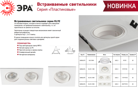 KL92-2 WH  Встраиваемый светильник декоративный ЭРА KL92-2 WH MR16/GU5.3 белый, пластиковый