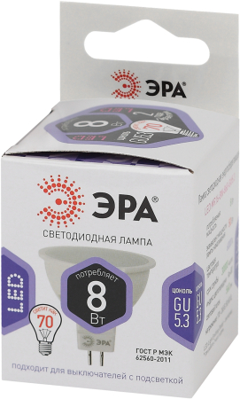 LED MR16-8W-860-GU5.3 ЭРА (диод, софит, 8Вт, холод, GU5.3) (10/100/4200)