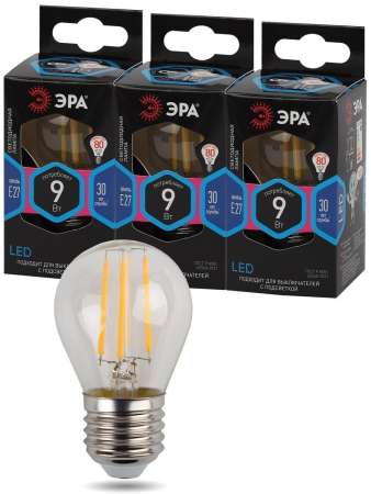 F-LED P45-9w-840-E27 ЭРА (филамент, шар, 9Вт, нейтр, E27) (10/100/4000)