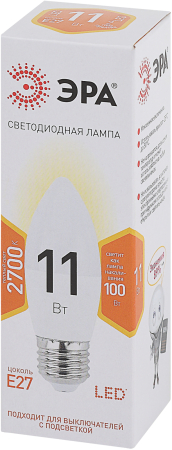 Лампа светодиодная Эра LED B35-11W-827-E27 (диод, свеча, 11Вт, тепл, E27)