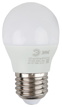Лампа светодиодная Эра ECO LED P45-6W-827-E27 (диод, шар, 6Вт, тепл, E27)