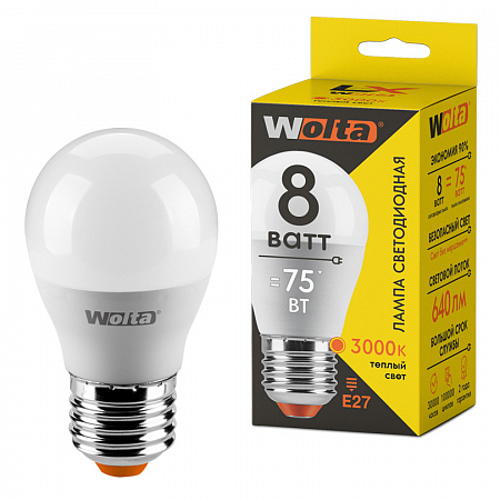 Лампа LED WOLTA G45 8Вт 640лм E27 3000К    1/50