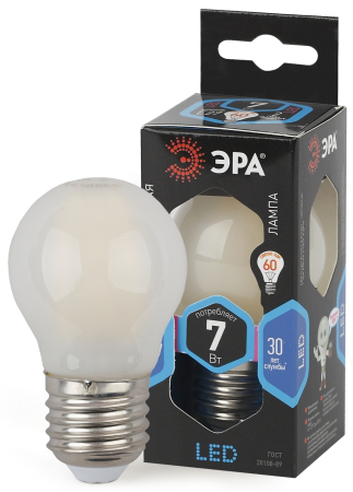Лампа светодиодная Эра F-LED P45-7W-840-E27 frost (филамент, шар мат., 7Вт, нейтр, E27)