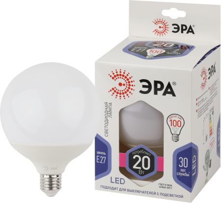 Лампочка светодиодная ЭРА STD LED G125-20W-6000K-E27 E27 / Е27 20Вт шар холодный дневной свет