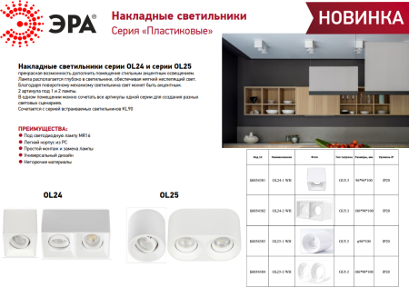 OL25-1 WH  Светильник настенно-потолочный спот ЭРА OL25-1 WH MR16/GU5.3, белый, поворотный