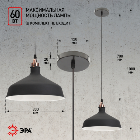 Подвес PL2 BK/RC  ЭРА металл, E27, max 60W, d300 мм, шагрень черный/медь