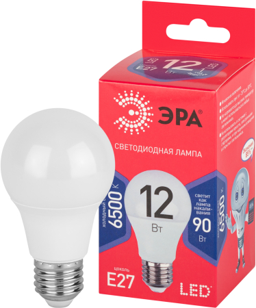 LED A60-12W-865-E27 R ЭРА (диод, груша, 12Вт, хол, E27) (10/100/1500)
